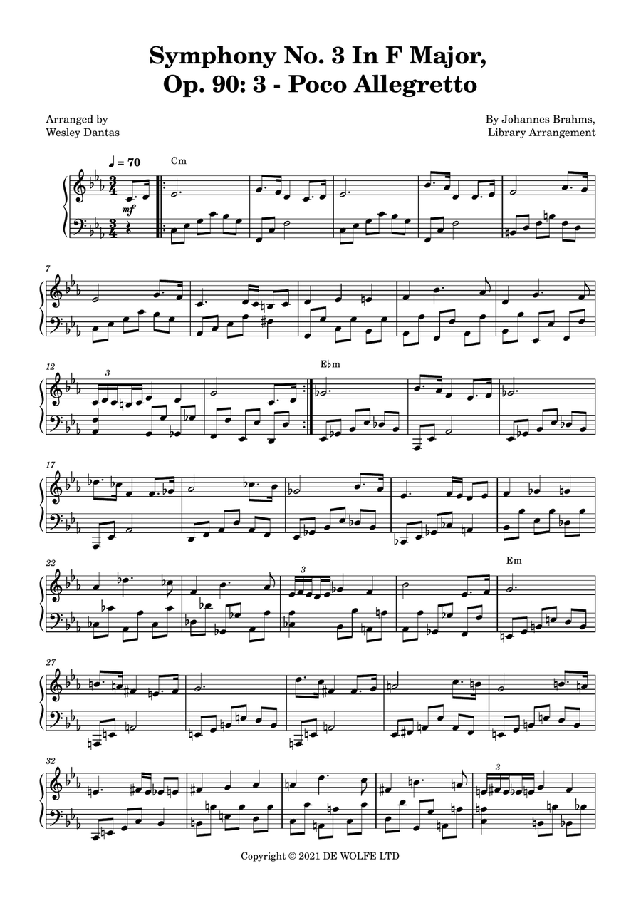 Symphony No. 3 In F Major, Op. 90: 3 - Poco Allegretto Easy Piano scores gallery preview page 1
