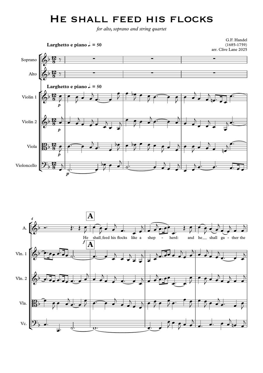 He shall feed his flocks (from Messiah 1742) for alto, soprano and string quartet String Quartet scores gallery preview page 3