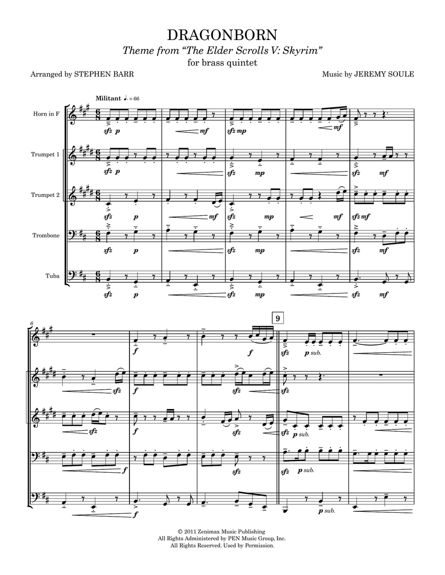 Dragonborn (Skyrim Theme) Brass Quintet scores gallery preview page 1