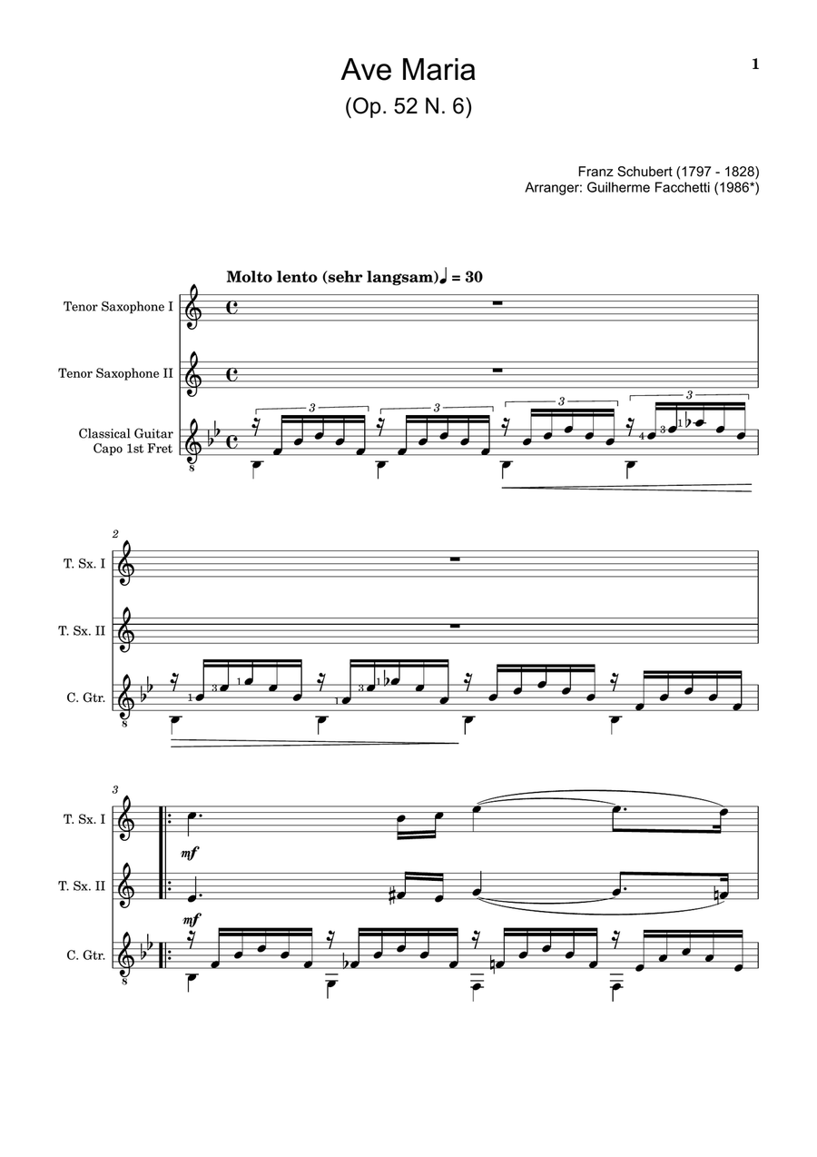 Ave Maria by F. Schubert – T. Sax Duet and Guitar. Score and Parts Small Ensemble scores gallery preview page 1