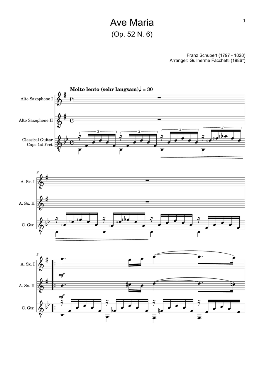 Ave Maria by F. Schubert – A. Sax Duet and Guitar. Score and Parts Small Ensemble scores gallery preview page 1