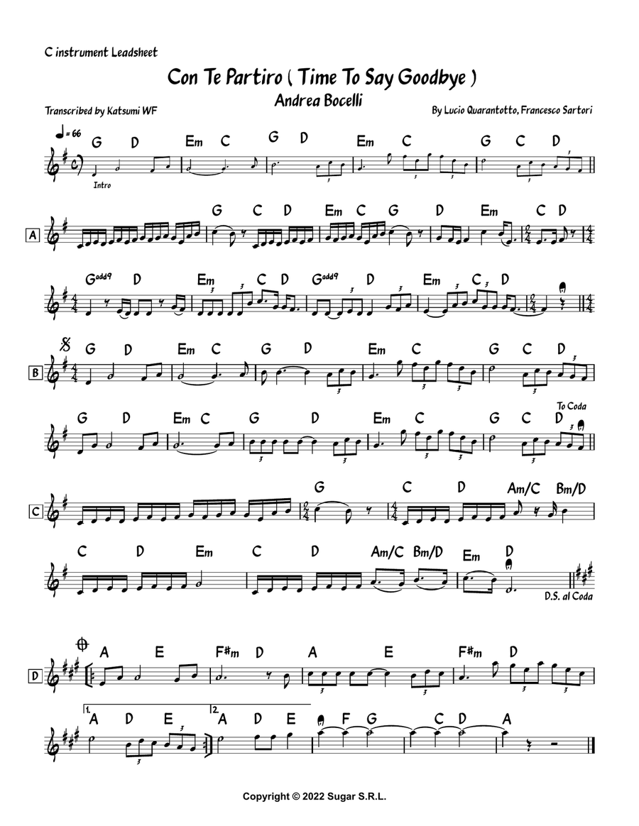 Con Te Partiro (Time To Say Goodbye) Piano scores gallery preview page 1