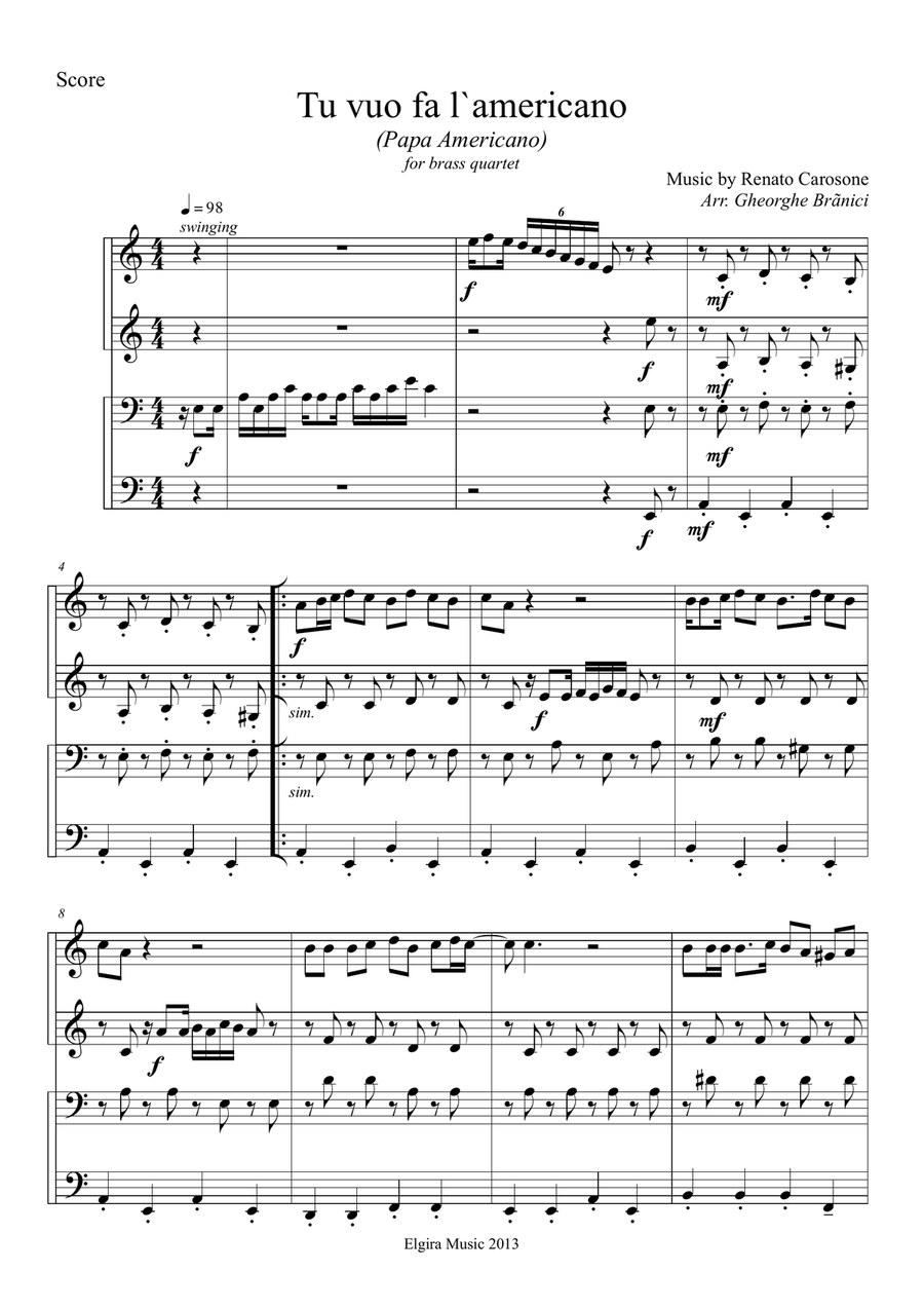 TU VUO FA L'AMERICANO Brass Quartet scores gallery preview page 1