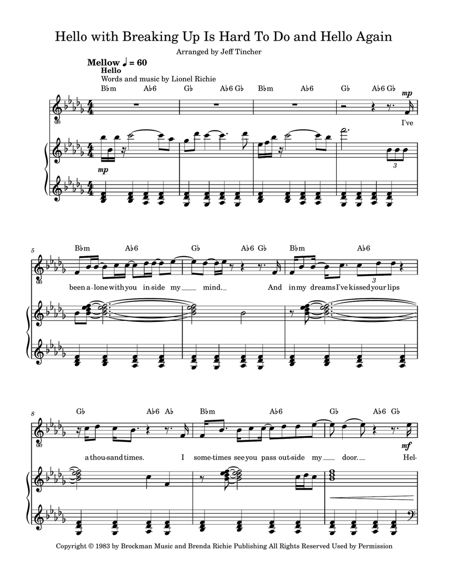 Medley: Hello with Breaking Up Is Hard To Do and Hello Again Piano, Vocal scores gallery preview page 2