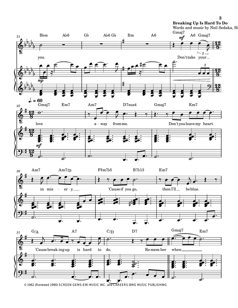 Medley: Hello with Breaking Up Is Hard To Do and Hello Again Piano, Vocal scores gallery preview page 4