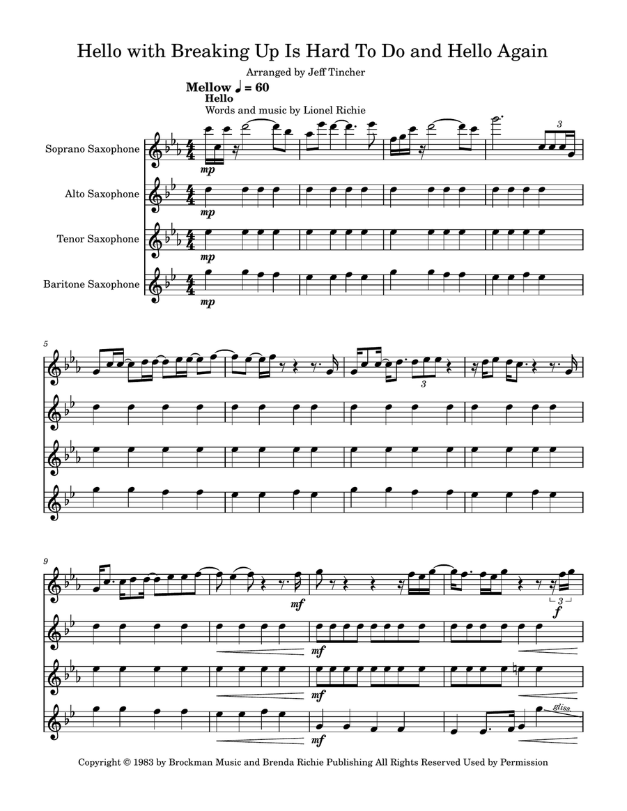 Medley: Hello with Breaking Up Is Hard To Do and Hello Again Saxophone Quartet scores gallery preview page 2