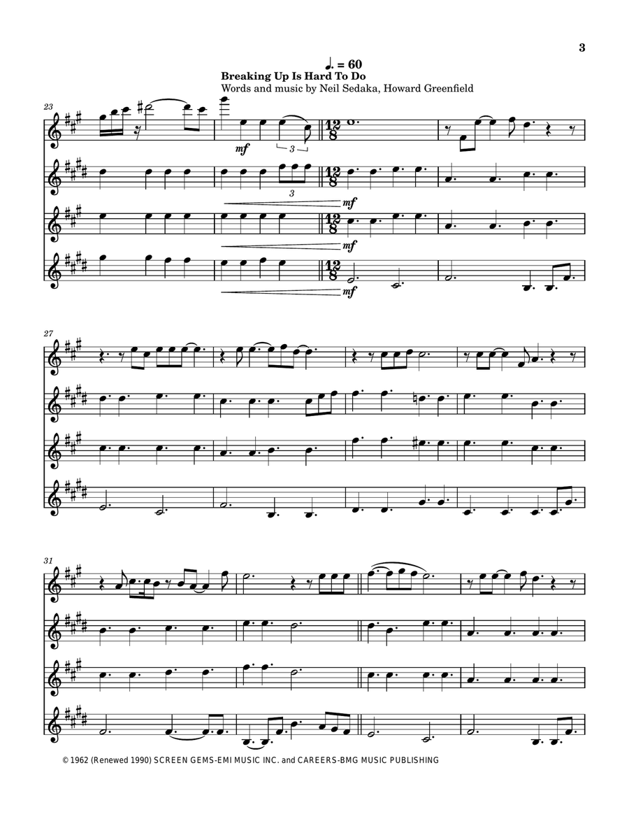 Medley: Hello with Breaking Up Is Hard To Do and Hello Again Saxophone Quartet scores gallery preview page 4