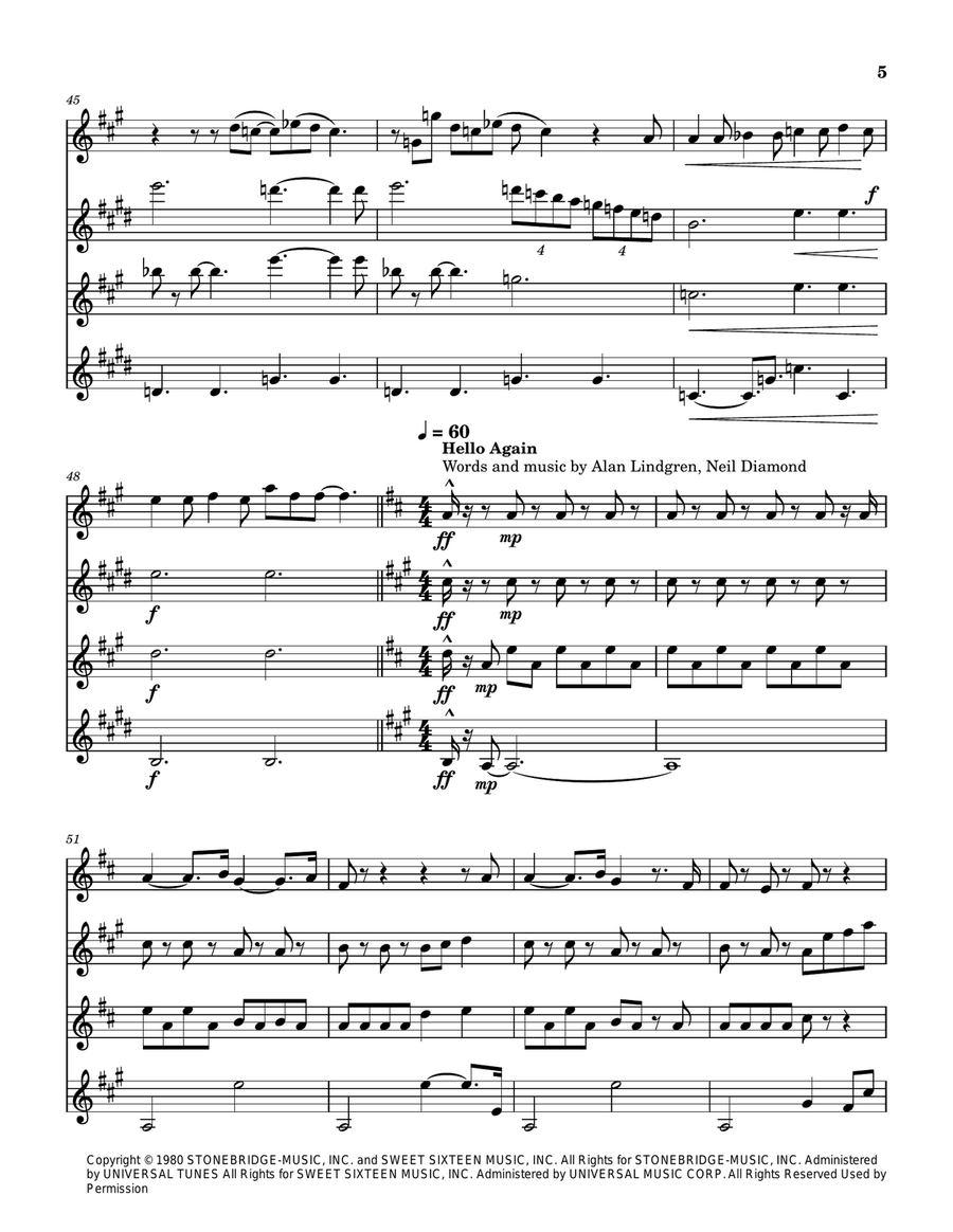 Medley: Hello with Breaking Up Is Hard To Do and Hello Again Saxophone Quartet scores gallery preview page 6
