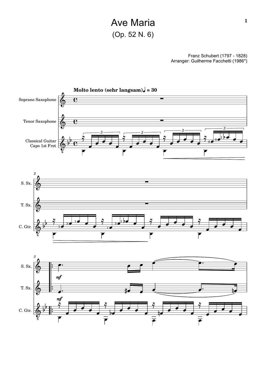 Ave Maria by F. Schubert – S. Sax, T. Sax and Guitar. Score and Parts Small Ensemble scores gallery preview page 1