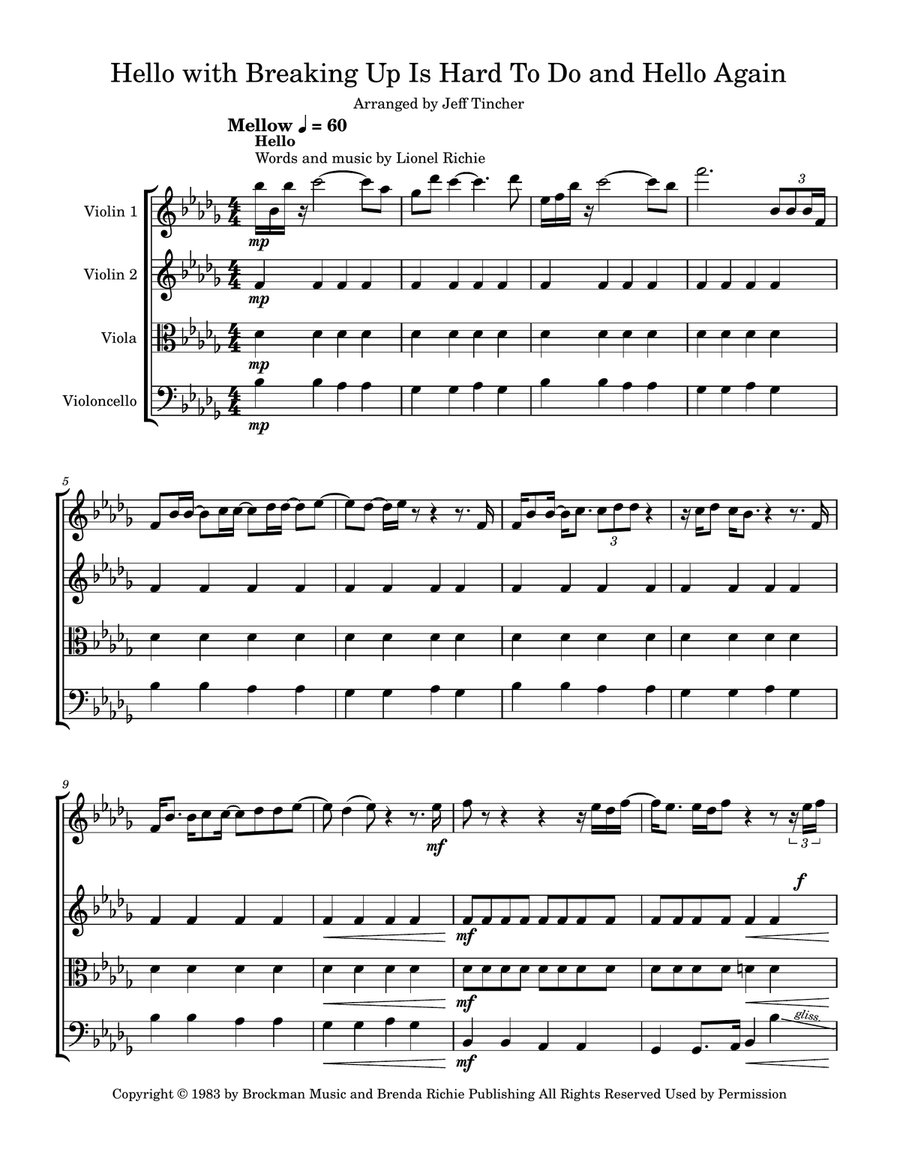 Medley: Hello with Breaking Up Is Hard To Do and Hello Again String Quartet scores gallery preview page 2