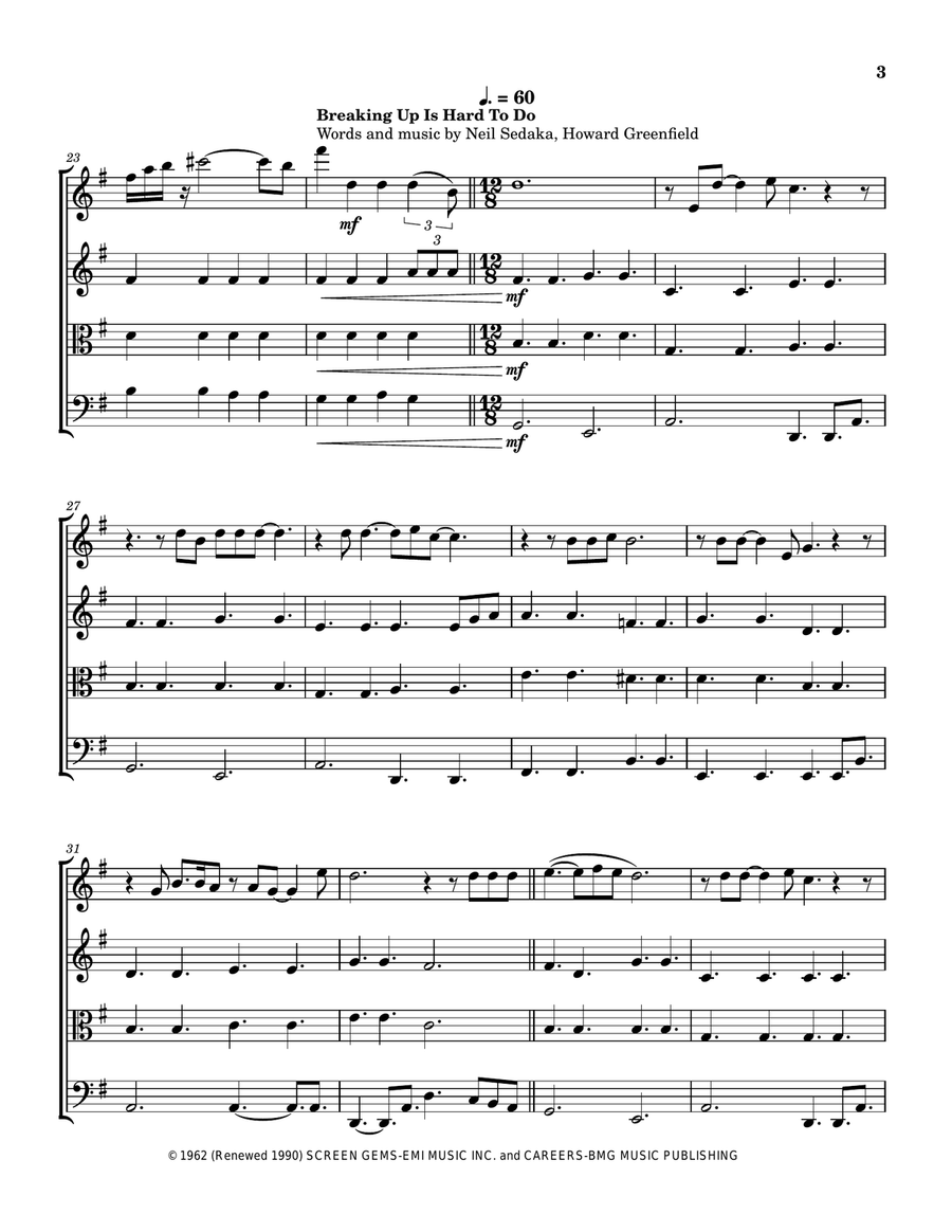 Medley: Hello with Breaking Up Is Hard To Do and Hello Again String Quartet scores gallery preview page 4