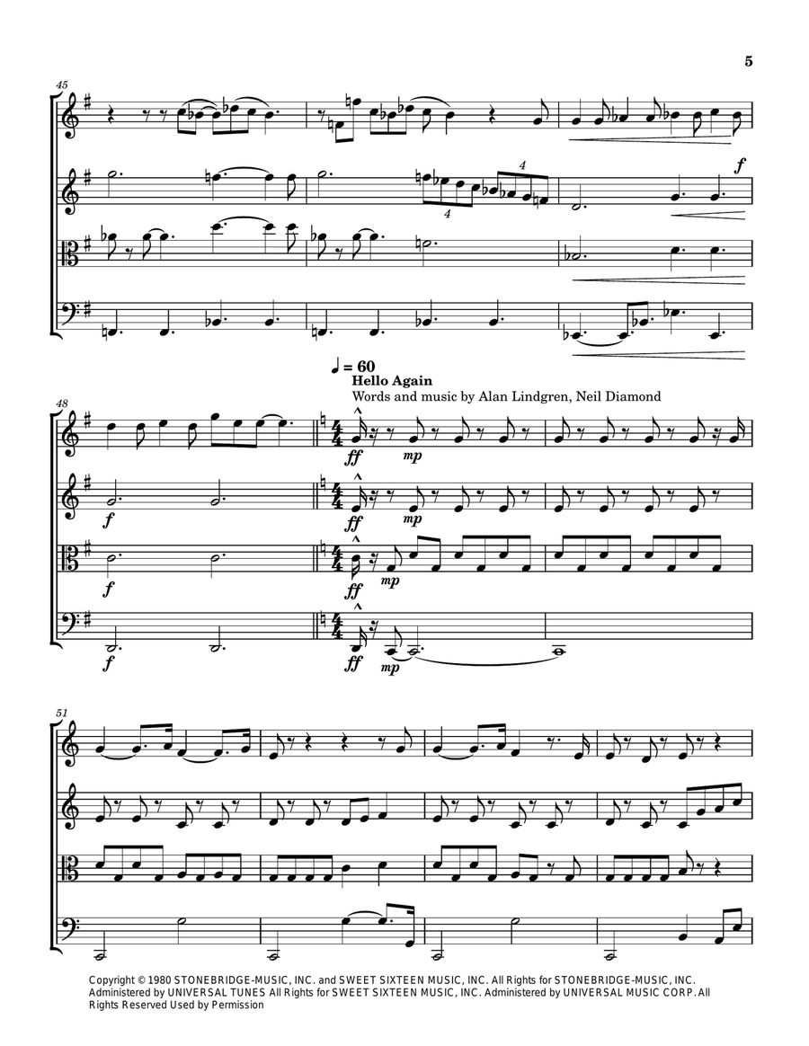 Medley: Hello with Breaking Up Is Hard To Do and Hello Again String Quartet scores gallery preview page 6