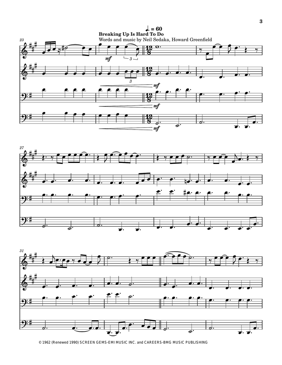 Medley: Hello with Breaking Up Is Hard To Do and Hello Again Brass Quartet scores gallery preview page 4