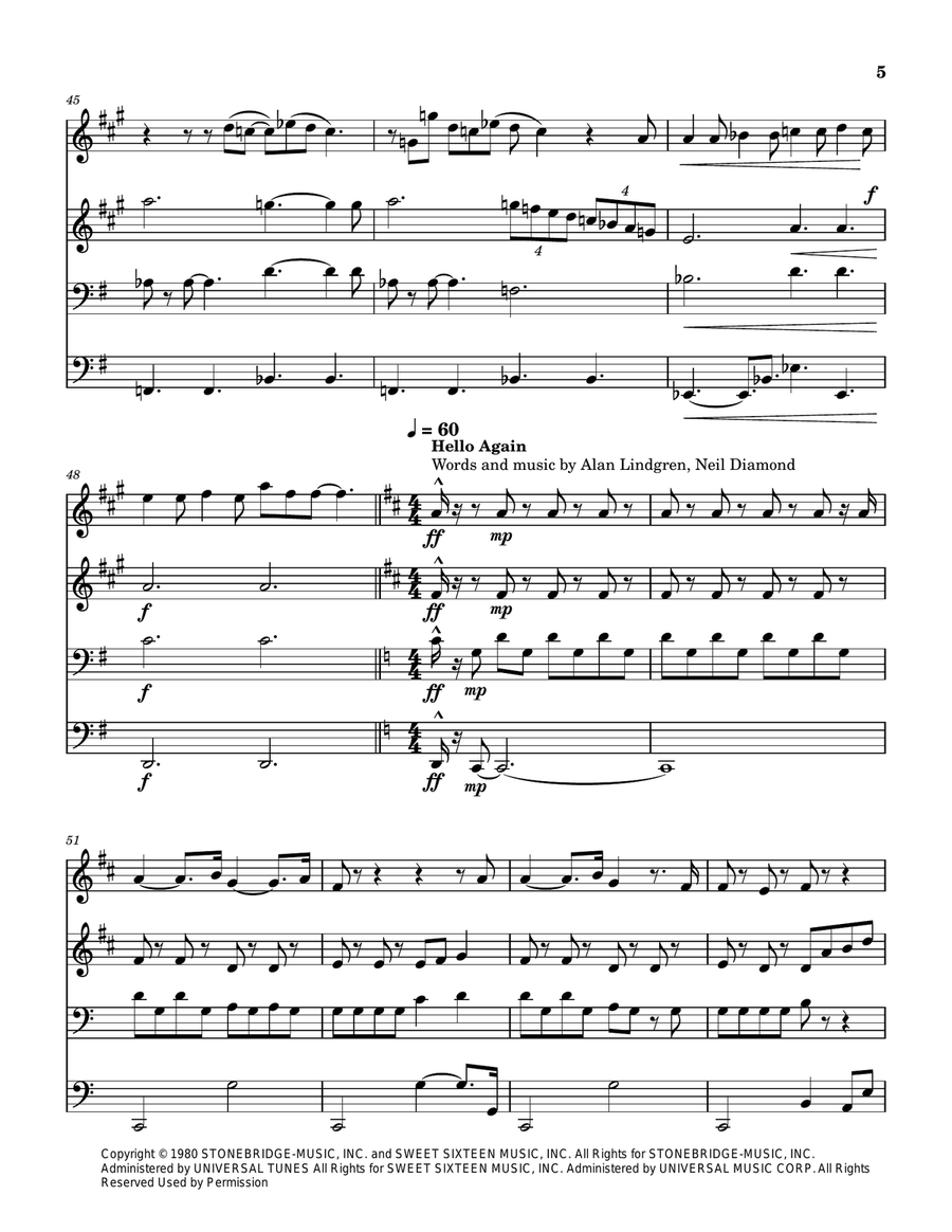 Medley: Hello with Breaking Up Is Hard To Do and Hello Again Brass Quartet scores gallery preview page 6