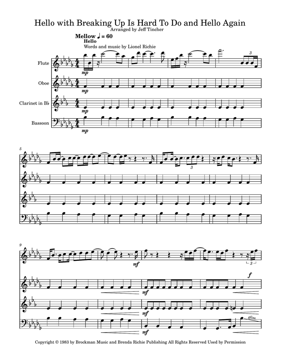 Medley: Hello with Breaking Up Is Hard To Do and Hello Again Woodwind Quartet scores gallery preview page 2