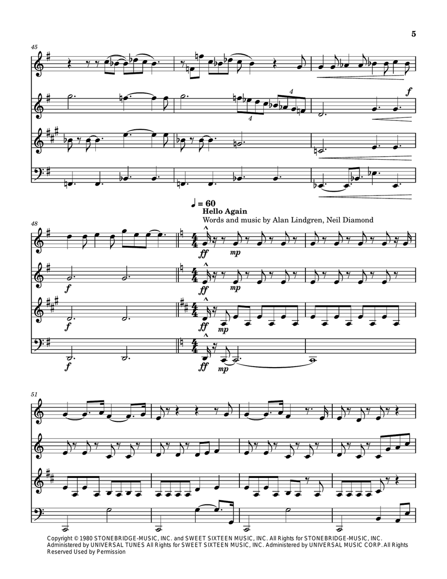 Medley: Hello with Breaking Up Is Hard To Do and Hello Again Woodwind Quartet scores gallery preview page 6