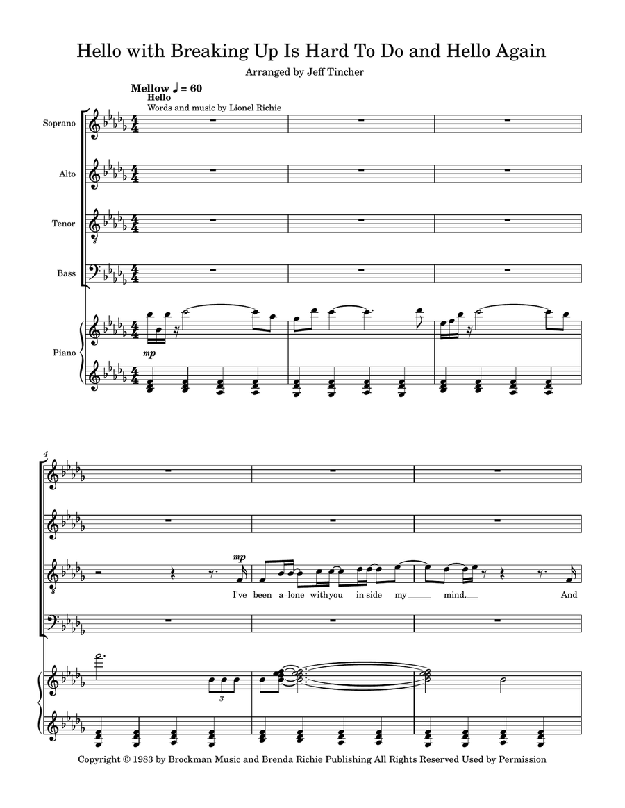 Medley: Hello with Breaking Up Is Hard To Do and Hello Again 4-Part scores gallery preview page 2