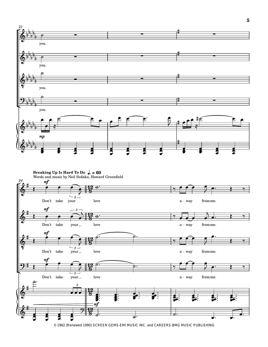 Medley: Hello with Breaking Up Is Hard To Do and Hello Again 4-Part scores gallery preview page 6