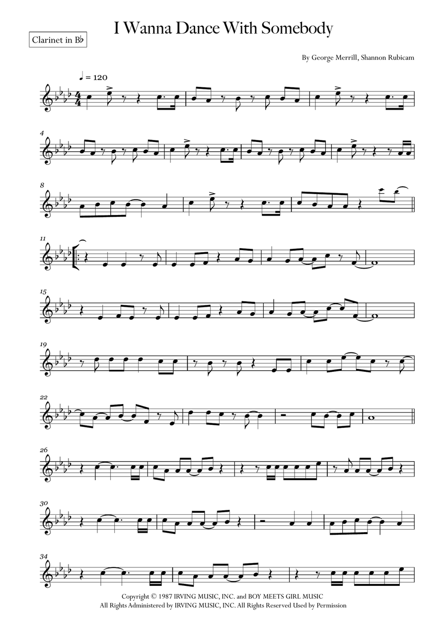 I Wanna Dance With Somebody B-Flat Clarinet scores gallery preview page 1