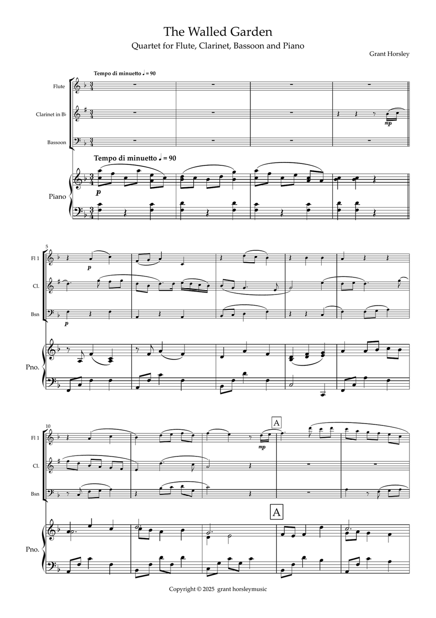 The Walled Garden (A Modern Minuet) for Flute, Clarinet, Bassoon and Piano Piano Quartet scores gallery preview page 2