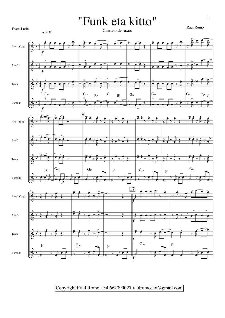 Funk eta kitto - SAX QUARTET + Drums or Guitar Saxophone Quartet scores gallery preview page 1