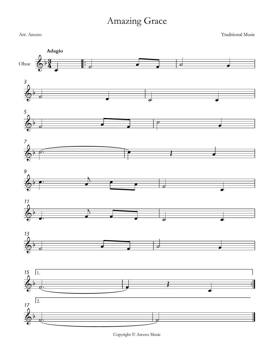 john newton amazing grace Oboe lead sheet in F major Oboe Solo scores gallery preview page 1