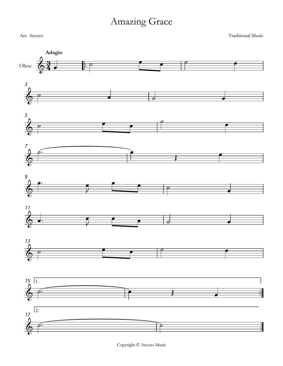 john newton amazing grace Oboe lead sheet in C major Oboe Solo scores gallery preview page 1