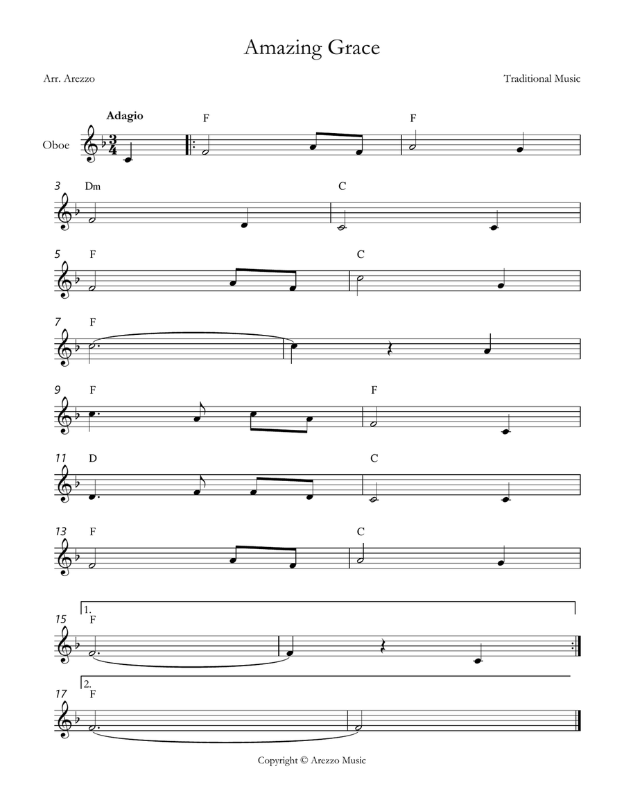 john newton amazing grace Oboe lead sheet in F major Chords Symbols Oboe Solo scores gallery preview page 1