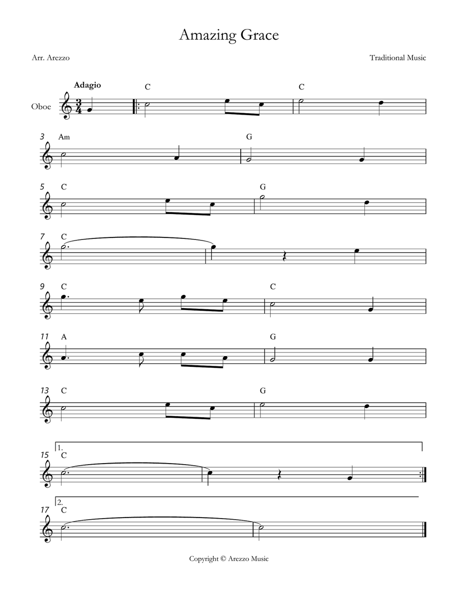 john newton amazing grace Oboe lead sheet in C major Chords Symbols Oboe Solo scores gallery preview page 1