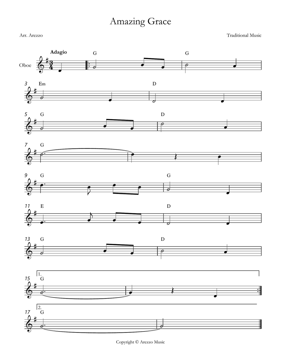 john newton amazing grace Oboe lead sheet in G major Chords Symbols Oboe Solo scores gallery preview page 1