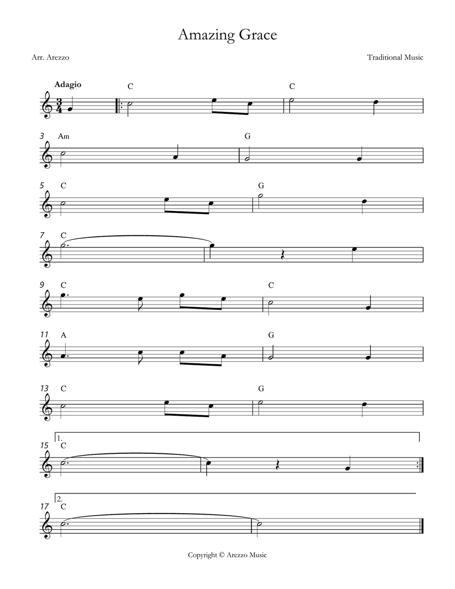 john newton amazing grace lead sheet in C major Chords Symbols Piano scores gallery preview page 1