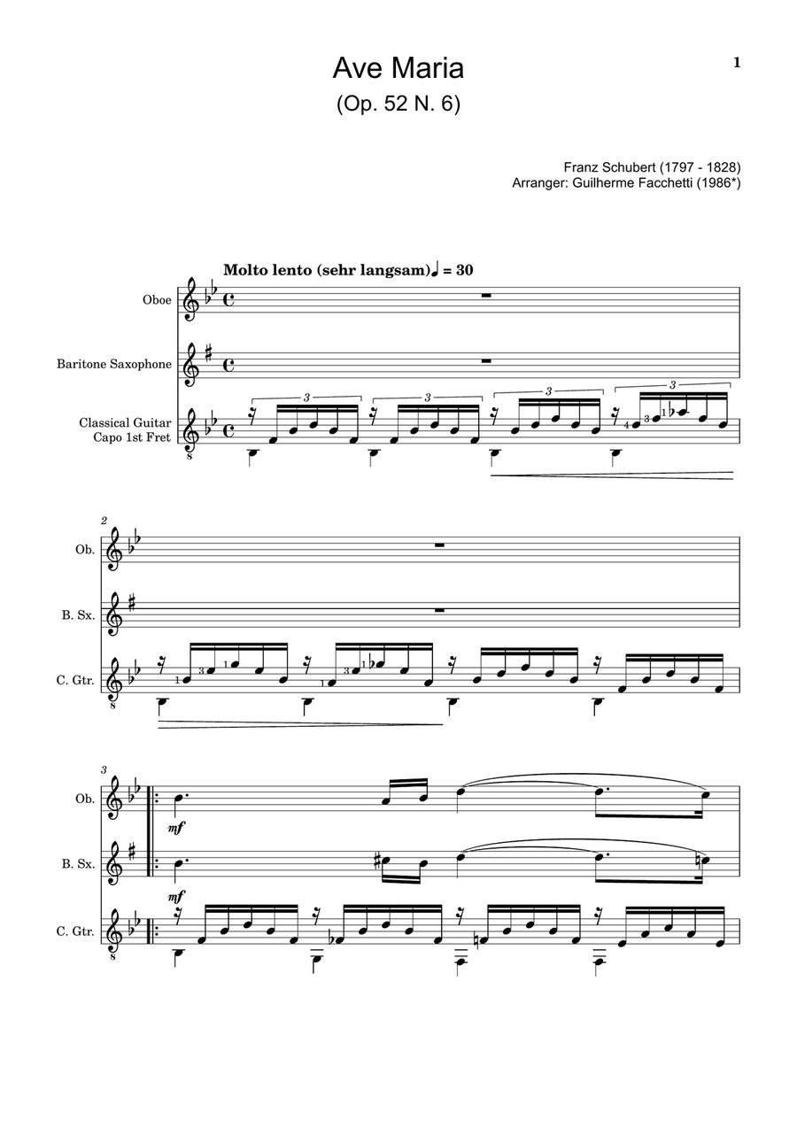 Ave Maria by F. Schubert – Oboe, B. Sax and Guitar. Score and Parts Small Ensemble scores gallery preview page 1