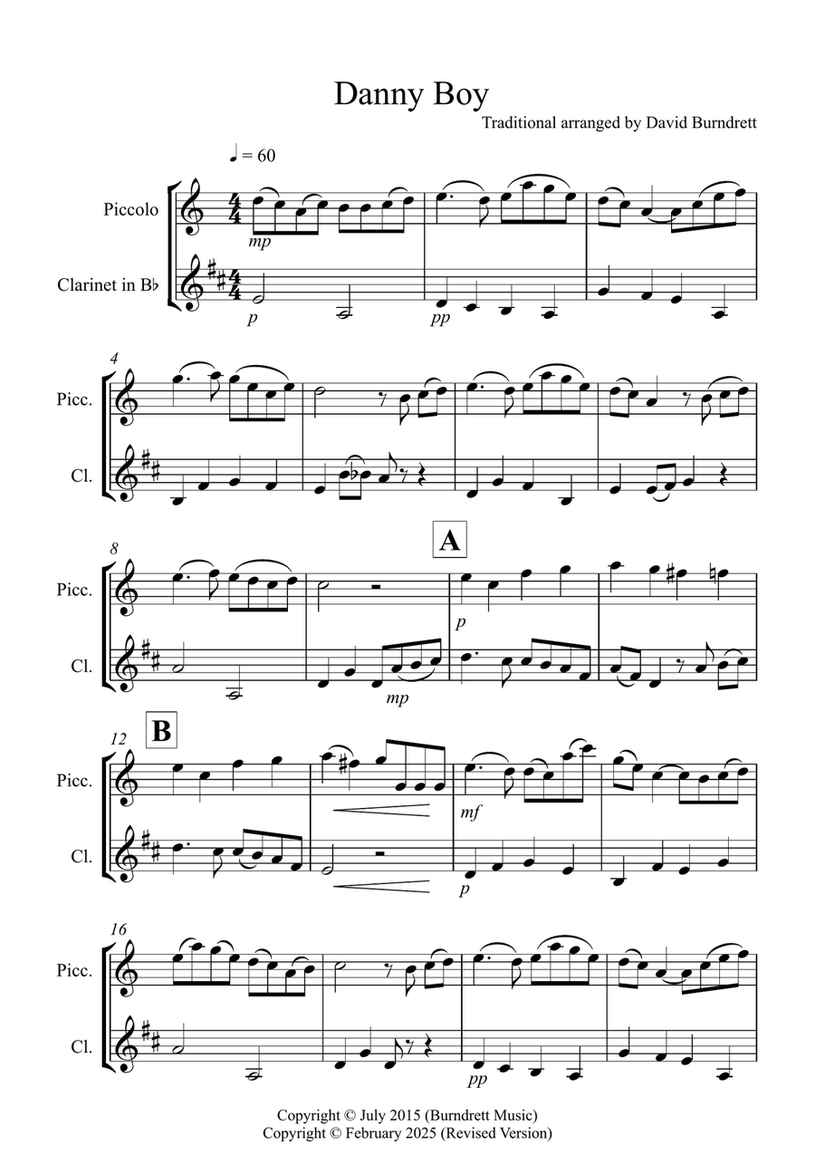 Danny Boy for Piccolo and Clarinet Duet Clarinet Duet scores gallery preview page 1
