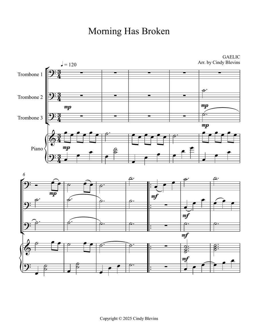 Morning Has Broken, for Three Trombones and Piano Trombone Trio scores gallery preview page 2