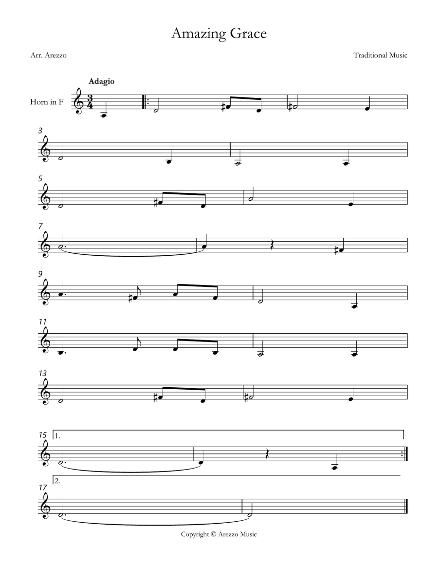 john newton amazing grace French Horn lead sheet in G major Horn Solo scores gallery preview page 1