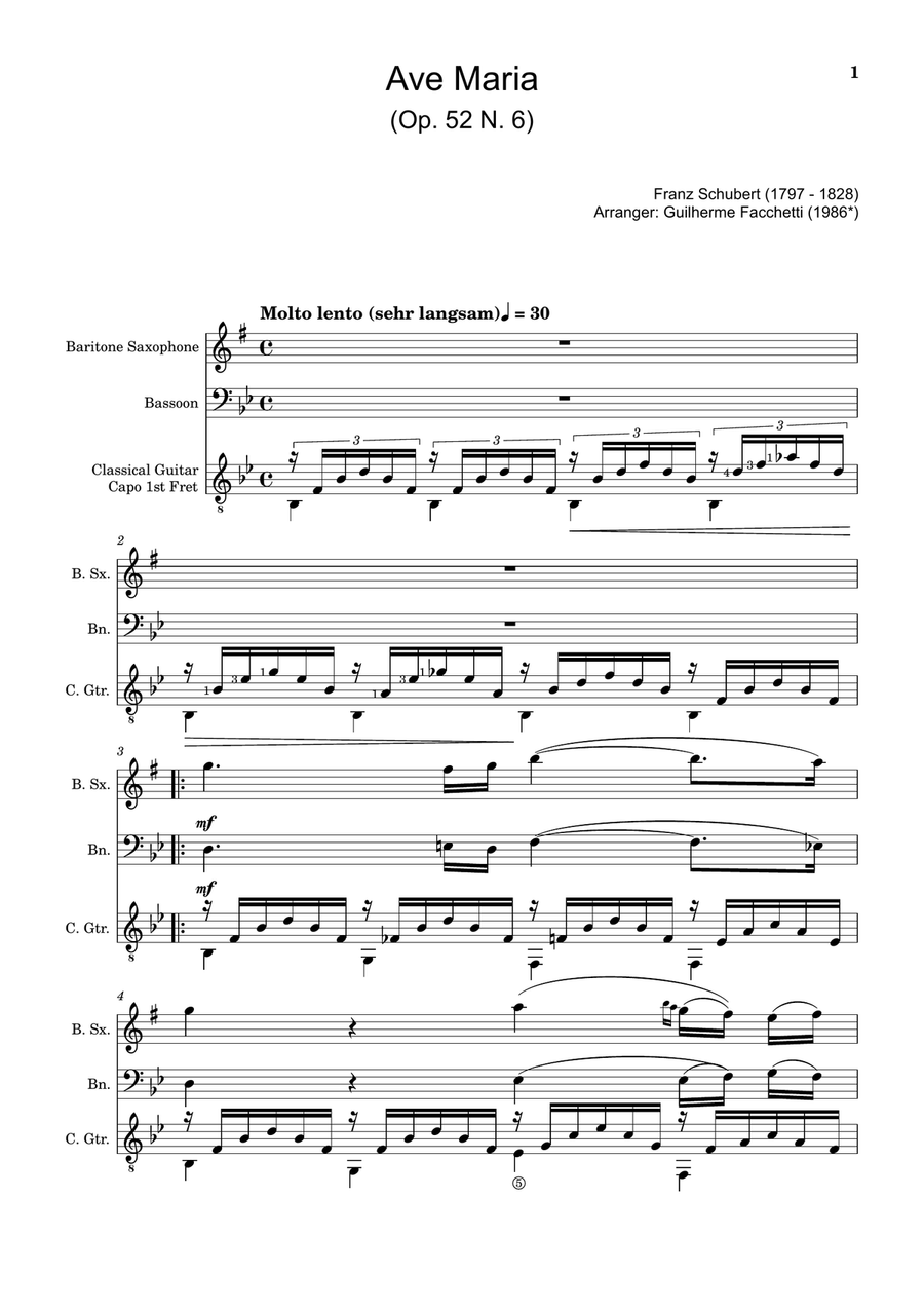 Ave Maria by F. Schubert – B. Sax, Bassoon and Guitar. Score and Parts Small Ensemble scores gallery preview page 1