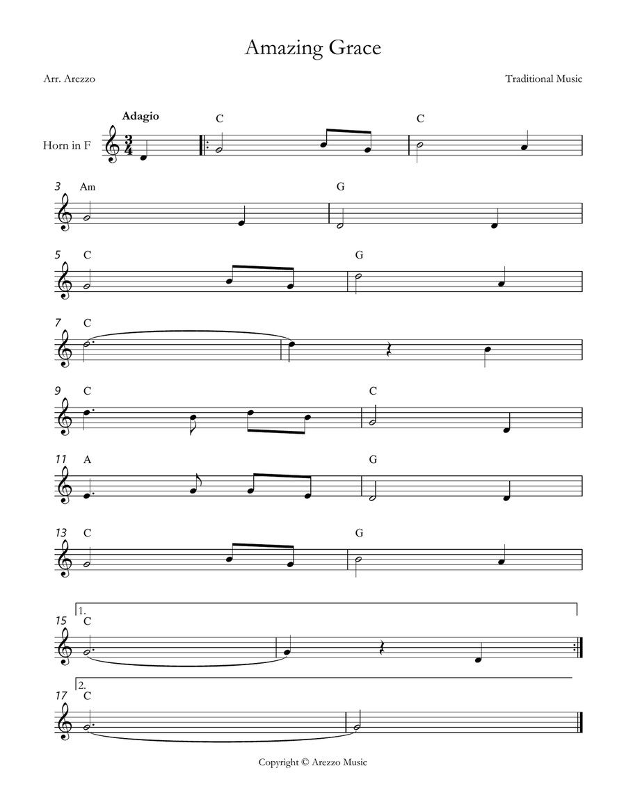 john newton amazing grace French Horn lead sheet in C major Chords Symbols Horn Solo scores gallery preview page 1