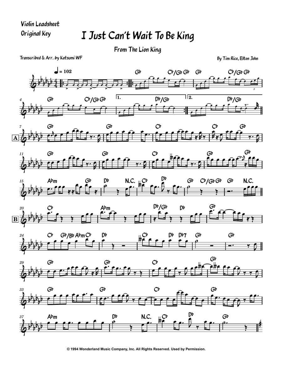 I Just Can't Wait To Be King Violin Solo scores gallery preview page 1