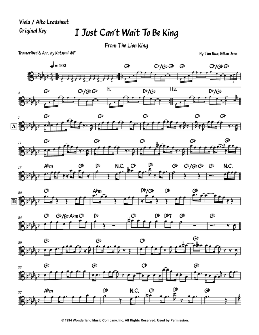 I Just Can't Wait To Be King Viola Solo scores gallery preview page 1