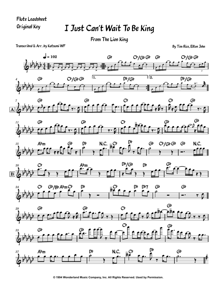 I Just Can't Wait To Be King Flute Solo scores gallery preview page 1