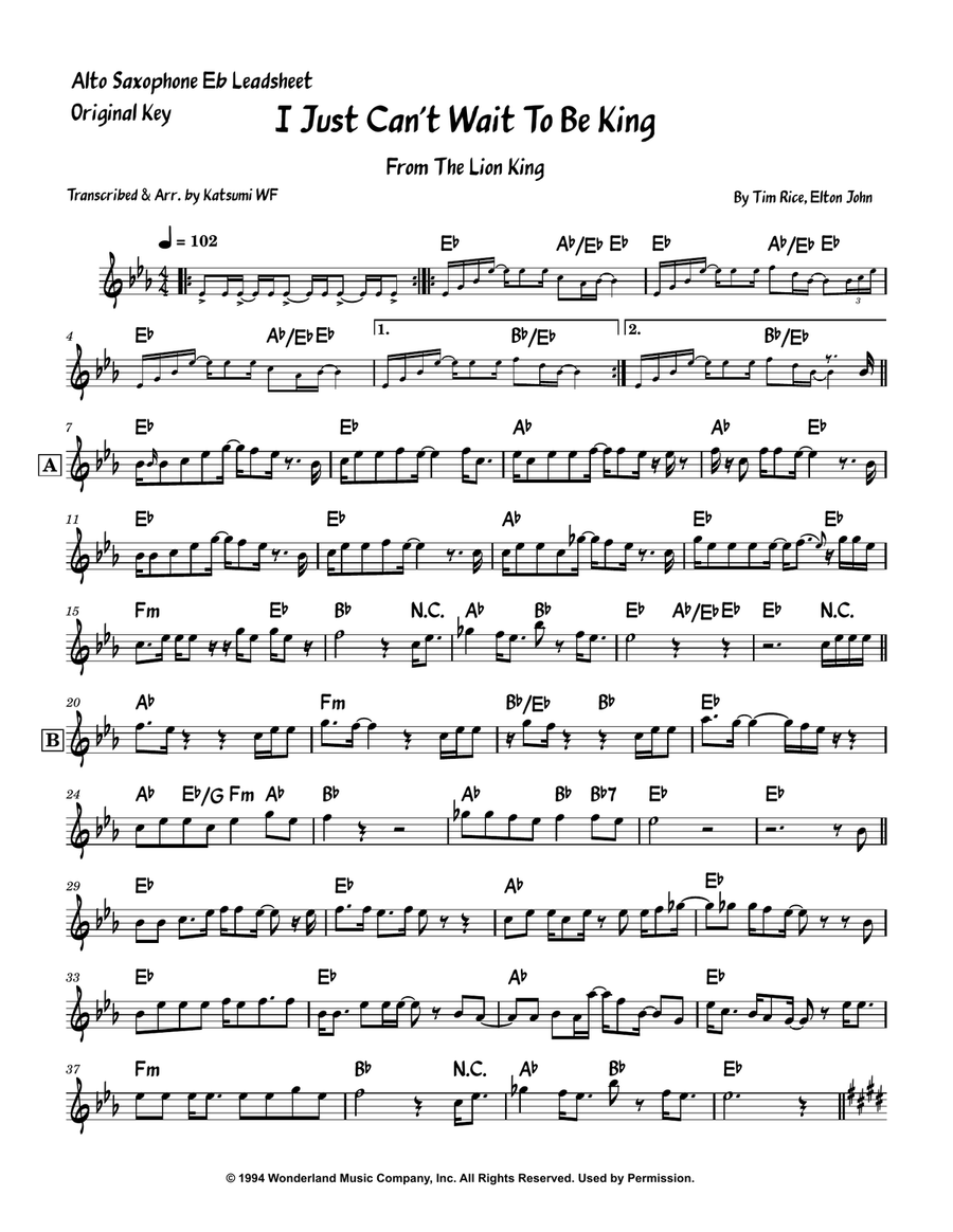 I Just Can't Wait To Be King Alto Saxophone scores gallery preview page 1