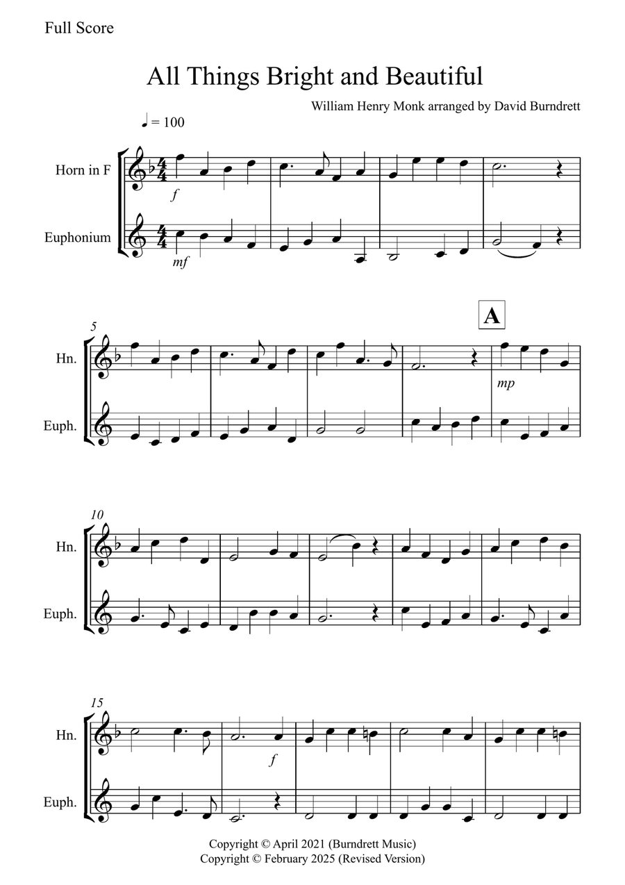 All Things Bright and Beautiful for Horn and Euphonium Duet Brass Duet scores gallery preview page 1