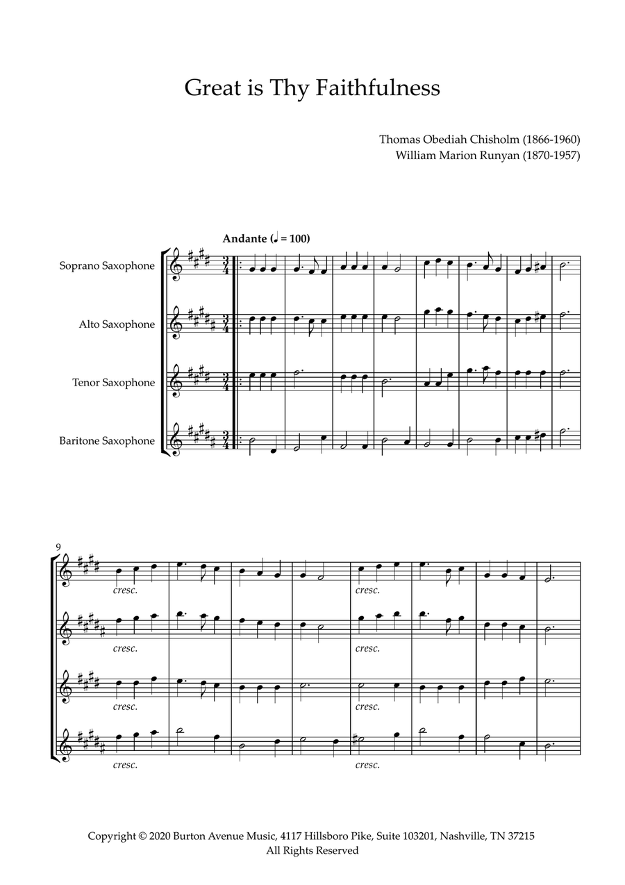 Great Is Thy Faithfulness Saxophone Quartet scores gallery preview page 1