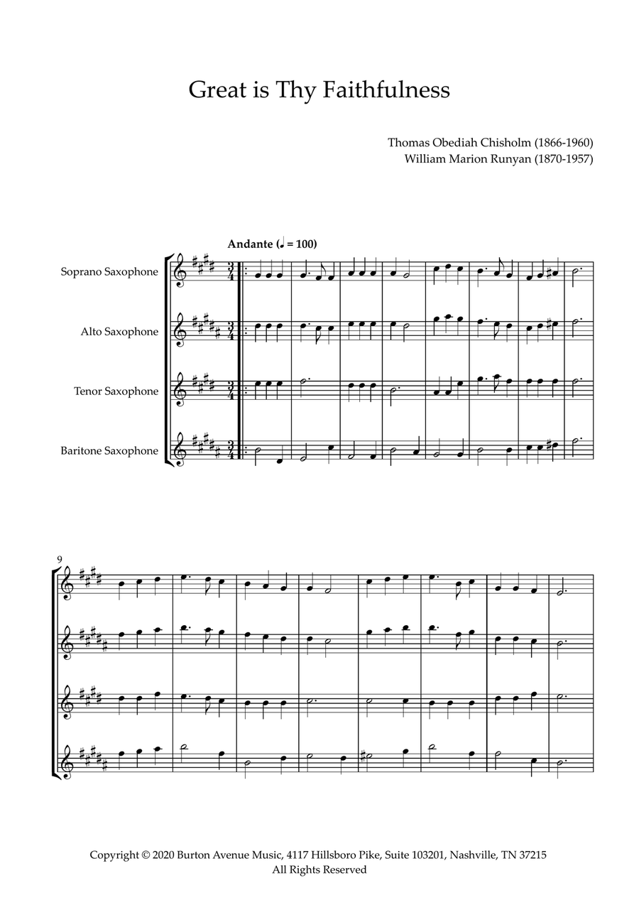 Great Is Thy Faithfulness Saxophone Quartet scores gallery preview page 1
