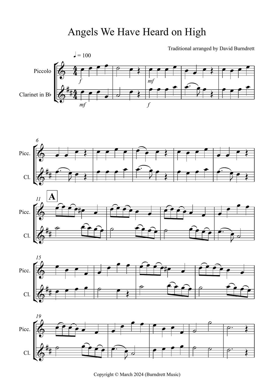 Angels We Have Heard on High for Piccolo and Clarinet Duet Clarinet Duet scores gallery preview page 1