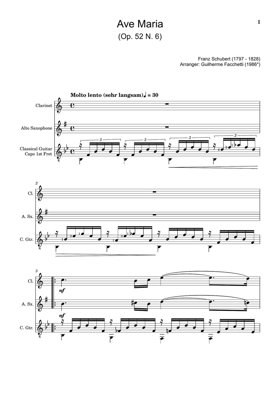 Ave Maria by F. Schubert – Clarinet, A. Sax and Guitar. Score and Parts Small Ensemble scores gallery preview page 1