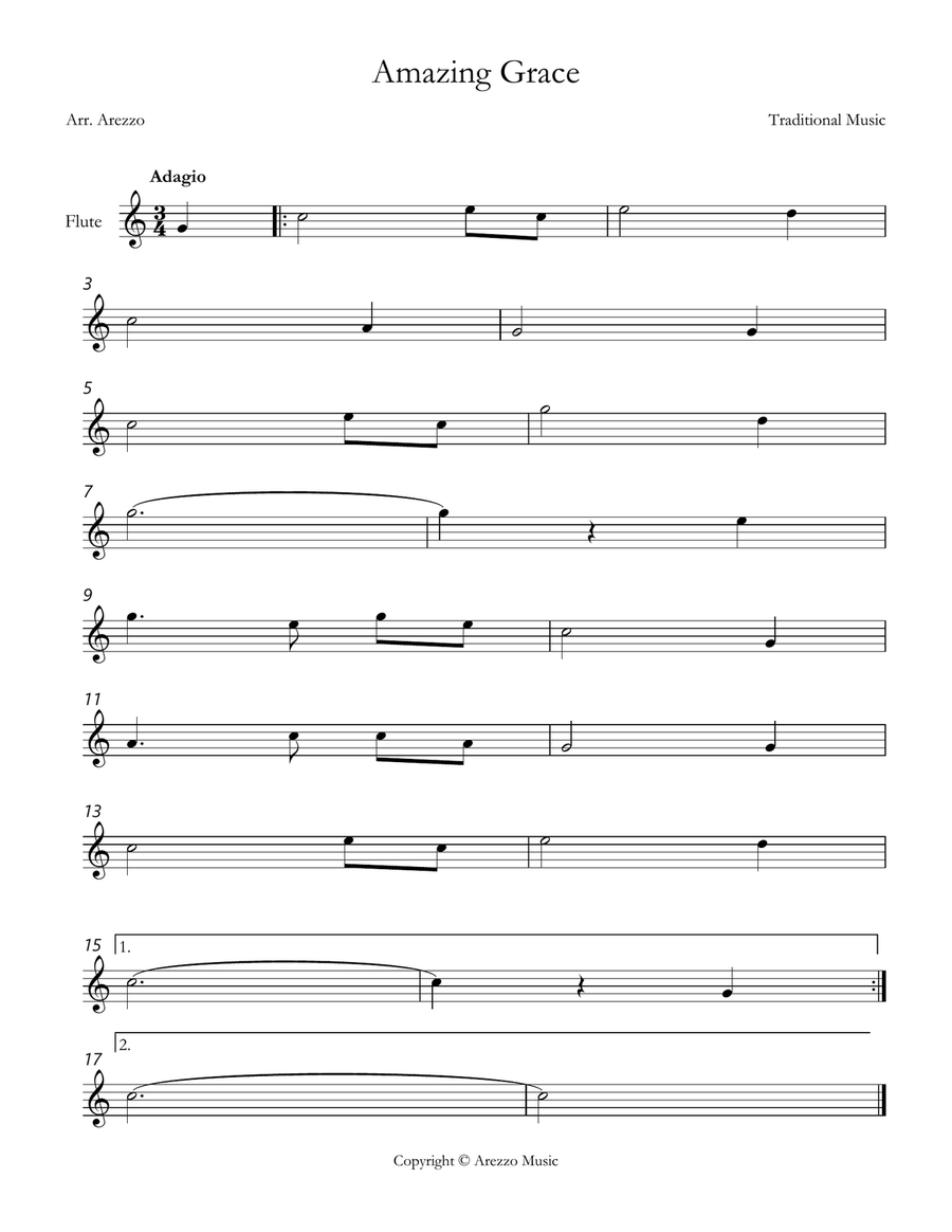 john newton amazing grace Flute lead sheet in C Flute Solo scores gallery preview page 1