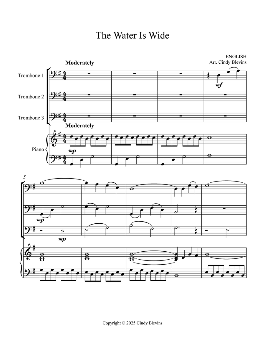 The Water Is Wide, for Three Trombones and Piano Trombone Trio scores gallery preview page 2