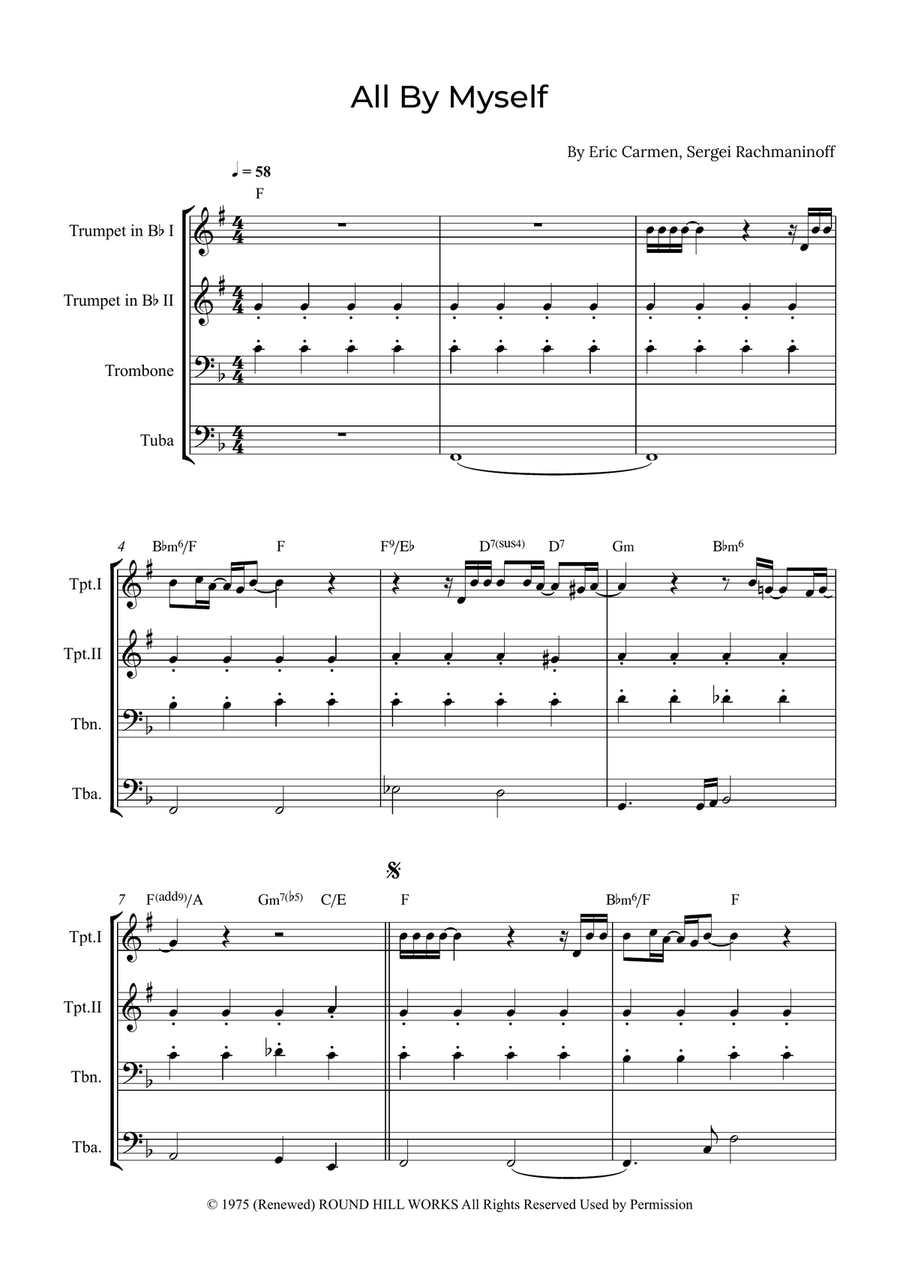 All By Myself Brass Quartet scores gallery preview page 1