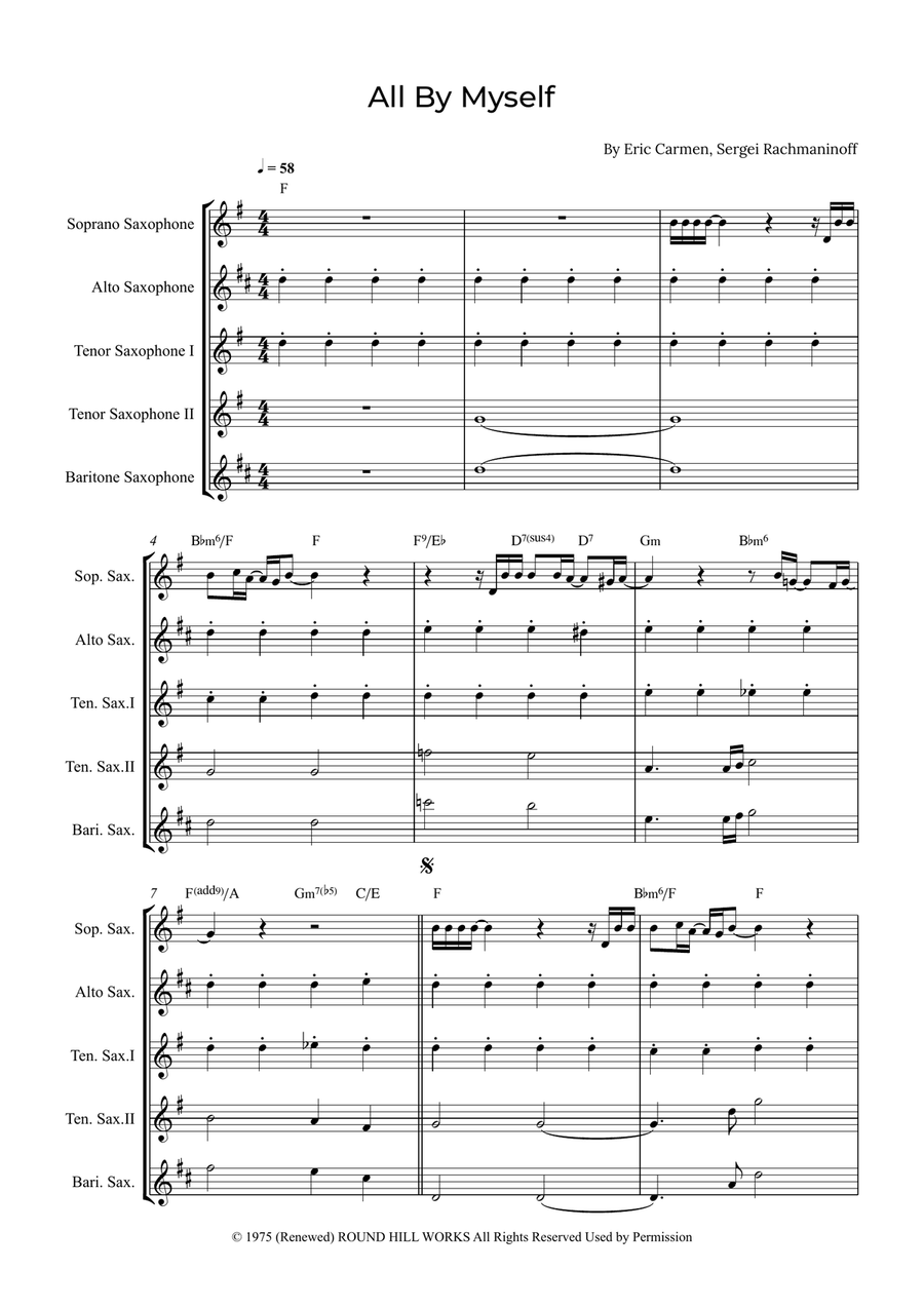 All By Myself Saxophone Quintet scores gallery preview page 1
